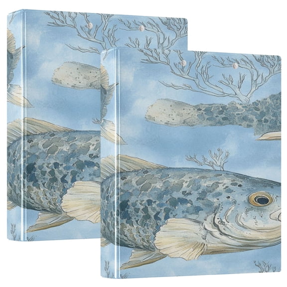 Gray Fish Pattern 12.4x10.6in PVC Round Ring Binders, 2-Pack, D-Ring 3-Hole, Metal Clip