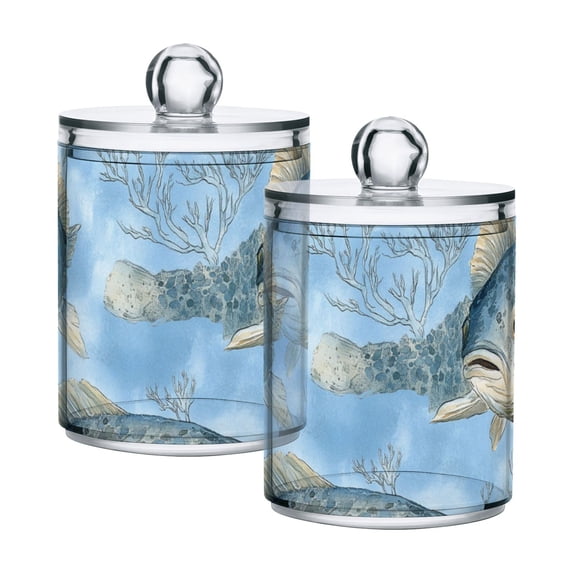 Gray Fish Pattern Cotton Swabs Cans Translucent Plastic Canisters Dustproof Lid for Bathroom Storage