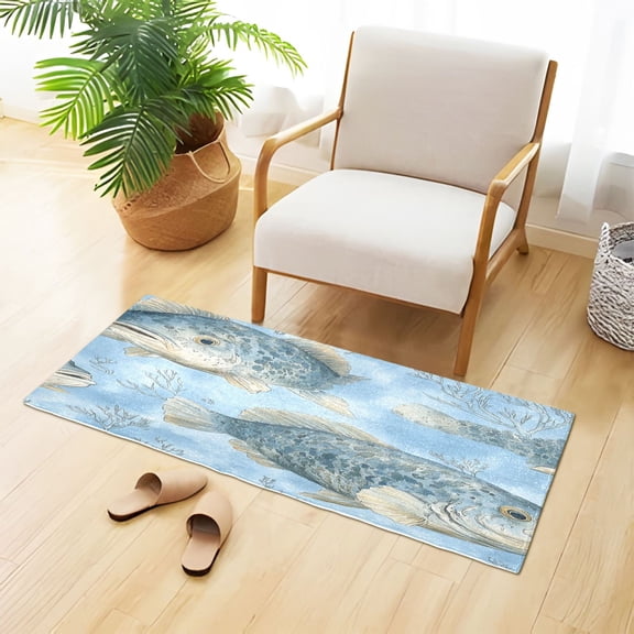 Gray Fish Pattern Plush Absorbent Bath Mat Non Slip TPR Backing 39"x20" Soft Durable