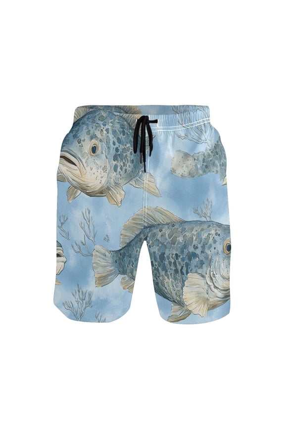Gray Fish Pattern XX-large Size Men's Quick Dry Beach Shorts with Mesh Lining, Lightweight