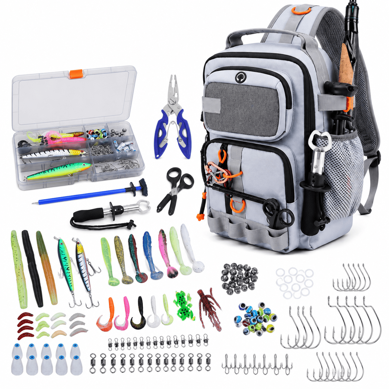 Gray Fishing Tackle Backpack with Tool Set, 136 Lures, and Storage ...