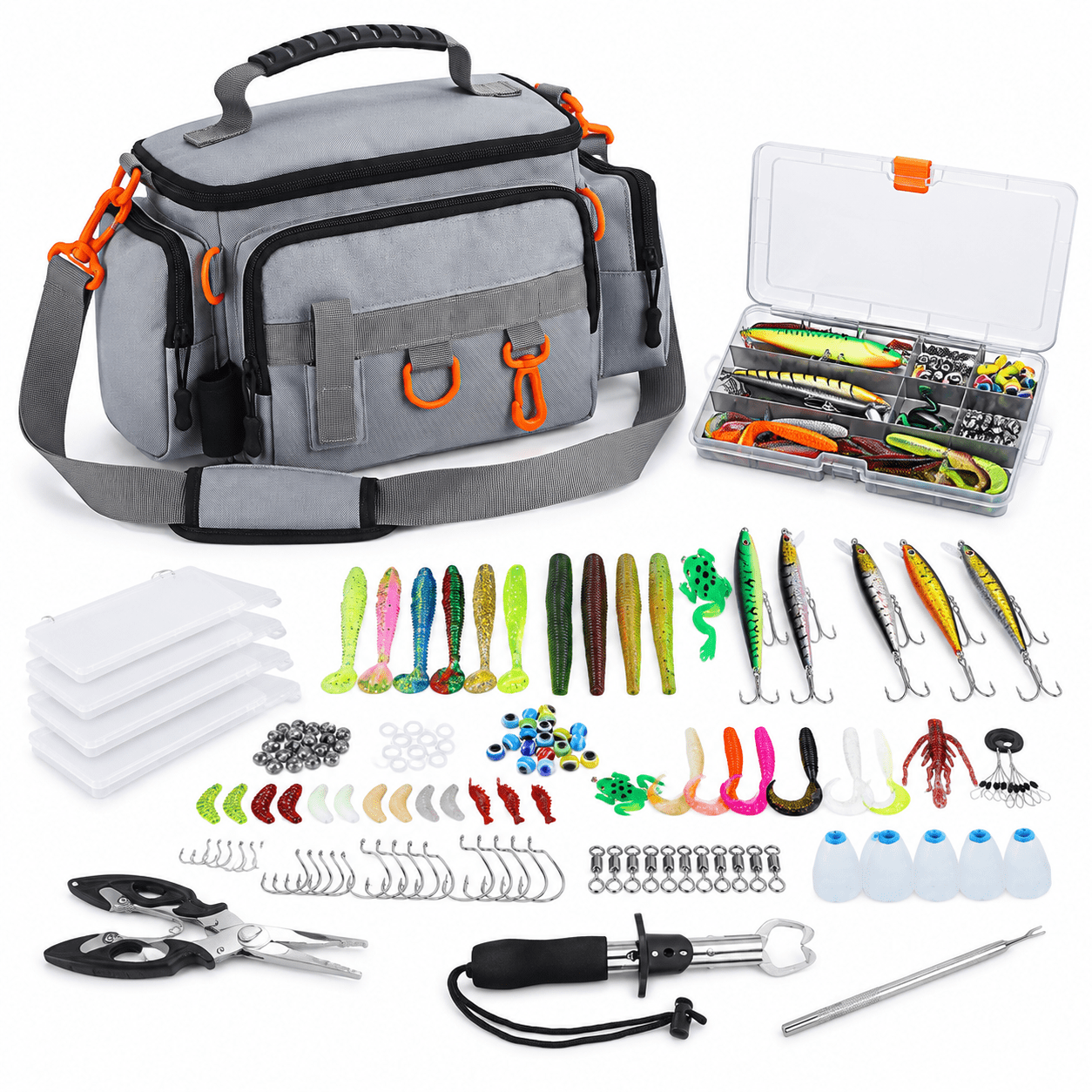 Gray Fishing Tackle Bag with Tools and Bait Set for Outdoor Angling ...