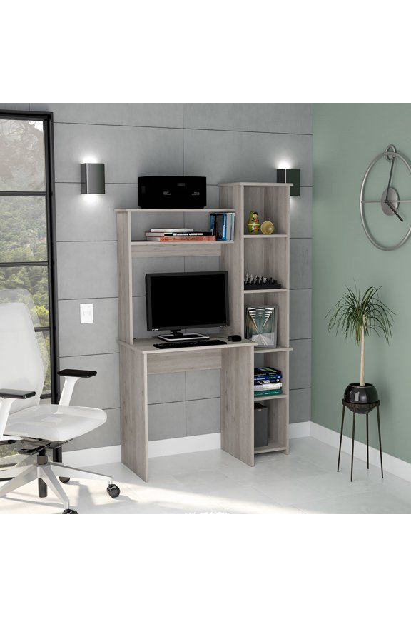 Gray Five-Shelf Desk with Hutch for Screen Placement | Suitable for Small and Crowded Rooms | Particle Board Construction | Overcomes Storage Difficulties in Limited Spaces