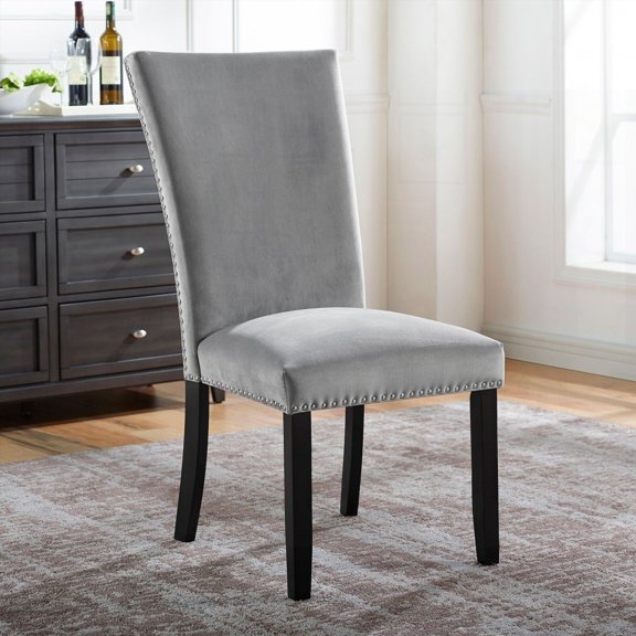 Gray Flannelette 2-Piece Side Chairs Dining Furniture - Transitional Style with Nailhead Trim