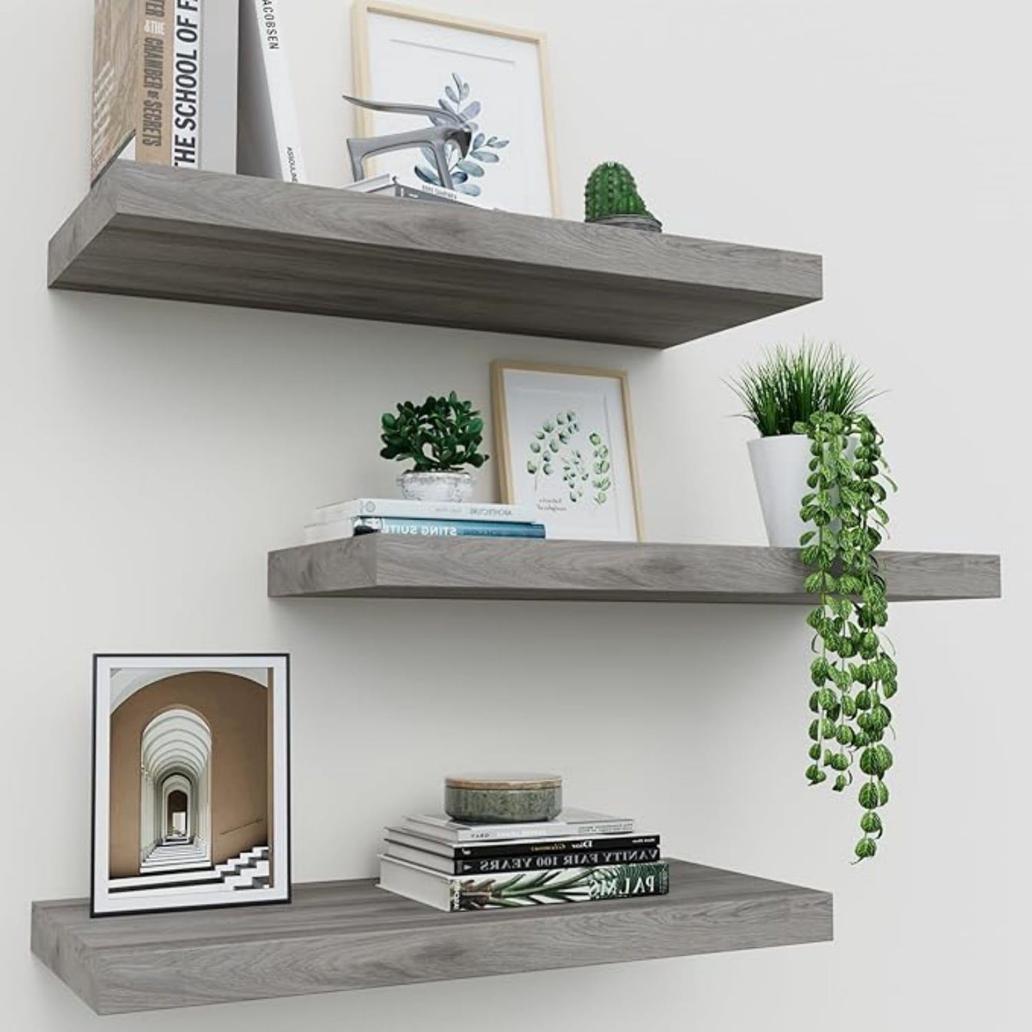 Floating Shelves for Wall Set of 3, 16" Gray Wall Shelves for Home Decor, Frame Display Floating Shelf for Living Room, Bedroom, Bathroom, Kitchen