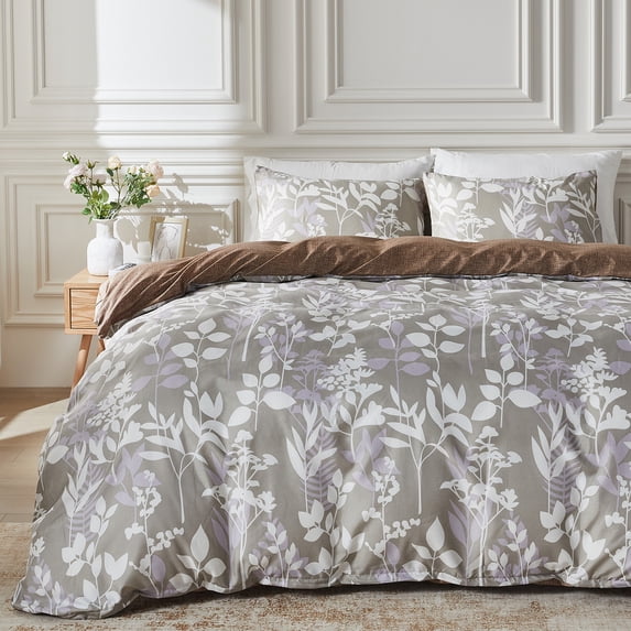 Gray Floral Bloom Printed Reversible Duvet Cover Set Twin Size,Soft Microfiber Comforter Cover,Spring Modern Farmhouse Quilt Bedding Set with Zipper Closure
