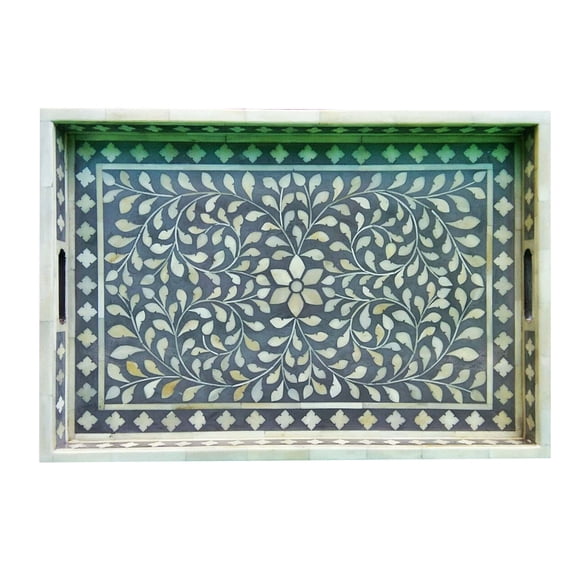 Gray Floral Bone Inlay Serving Tray