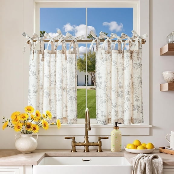 Grey on Beige Floral Kitchen Curtains 24 inch Linen Tier Farmhouse Cafe Half Window Drapes Light Filtering Tie Top 2 Panels