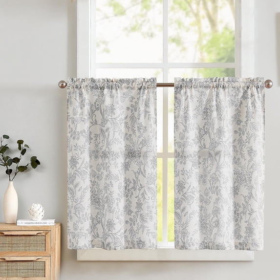 Gray Floral Kitchen Curtains 36 Inch Length, Linen Farmhouse Cafe Curtains Small Rustic Country Curtains Rod Pocket Tier Curtains, Set 2 Panels Grey on Beige
