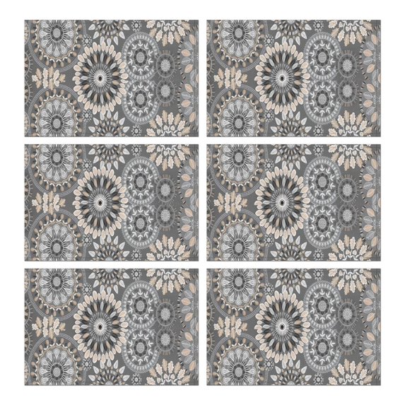 Gray Floral Mandala and Leaf Pattern Summer Placemats Table Placemats Set Of 6-Linen Kitchen Washable Placemats Table Mats 11.8"x17.7" Non-Slip Heat Resistant