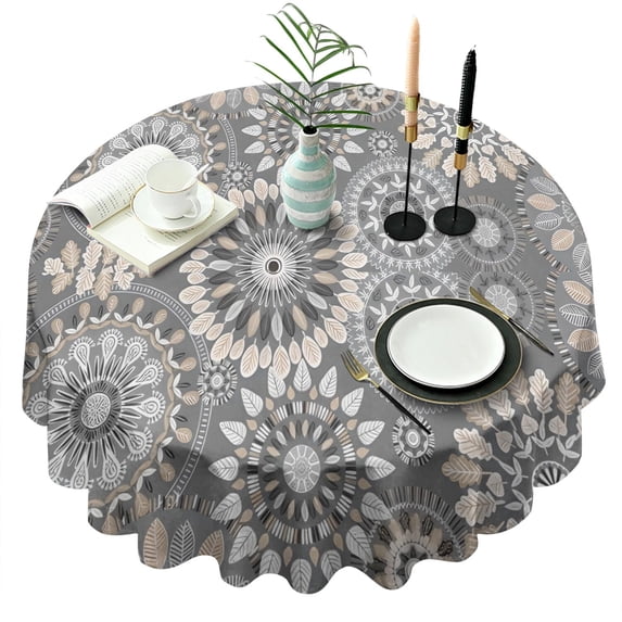 Gray Floral Mandala and Leaf Pattern Round Tablecloth 60"x60",Wrinkle Wipeable Table Cloth for Kitchen Dining Room Picnic Patio Party