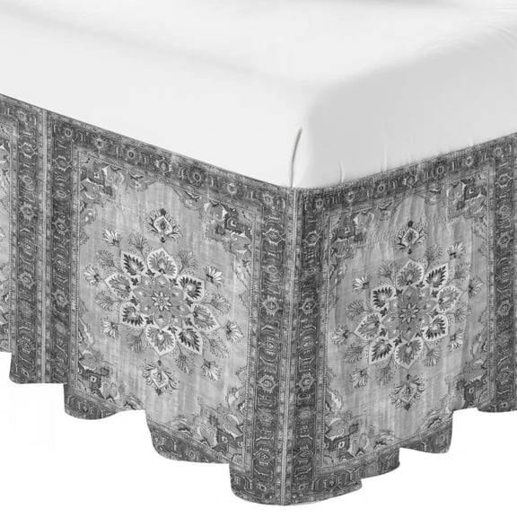 Gray Floral Motif Ruffle Bed Skirt Queen Size Vintage Light Silver Gray Border Industrial Adjustable Elastic Dust Bed Skirts Wrap Around Bedskirt Wrinkle Free Easy Fit with 16 Inch Drop