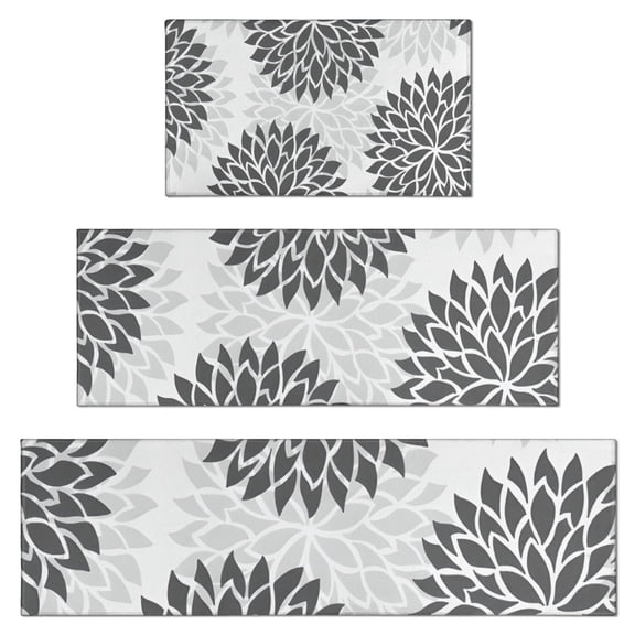 Gray Floral Pattern Kitchen Rugs Sets Of 3,Kitchen Runner Rugs Non Skid Washable,Decorative Kitchen Floor Mats for Kitchen,Sink,Laundry,17"x30"+ 17"x47" + 17"x59"