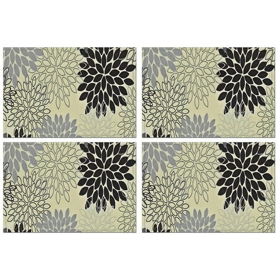 Gray Floral and Petal Pattern Summer Placemats Table Placemats Set Of 4-Linen Kitchen Washable Placemats Table Mats 11.8"x17.7" Non-Slip Heat Resistant