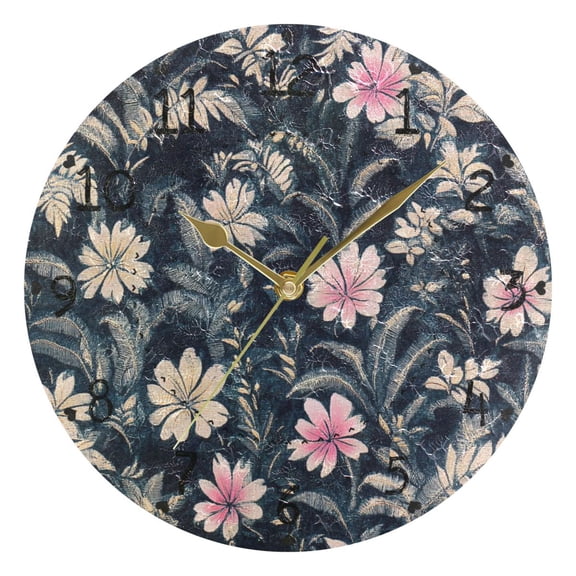 Gray Floral Print Round Wall Clock Silent Battery Operated Home Decor for Living Room Bedroom