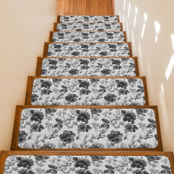 Gray Floral Stair Treads Non Slip for Steps Vintage Black Flower Botanical Leaves 10 Pcs Reusable Adhesive Stair Runner Mats for Dogs Elders Carpet Treads Rugs for Staircase 8x30 In