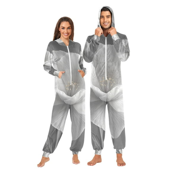 Gray Flower Adult Onesie Pajamas Slim Fit Christmas One Piece Suit Pjs for Women and Men Hooded Zipper