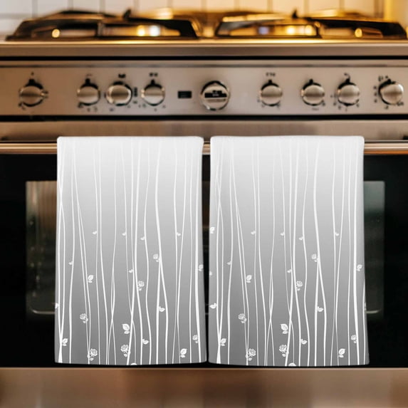 Gray Flower Kitchen Towels Set of 2, Geometric Stripe Gradient Branch Minimalist Absorbent Dish Towels for Kitchen, Microfiber Hand Towel, Quick Drying Tea Towel for Cleaning Decorative Dishcloths