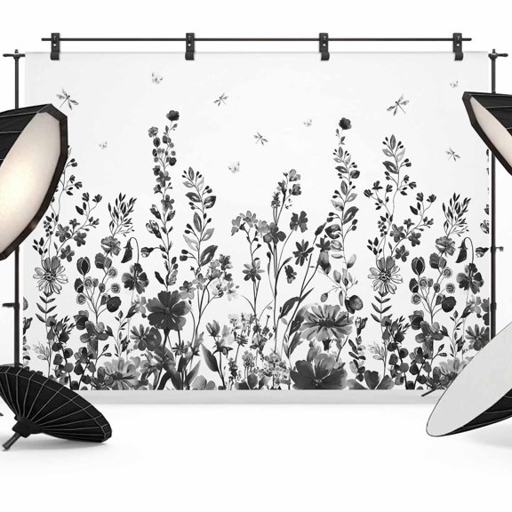 Gray Flower Photography Backdrop 7x5FT, Dragonfly Leaf Bud Ink Style Plant Nature Photo Backdrops, Background for Photography Studio Photo Studio Background, Back Drop for Photoshoot