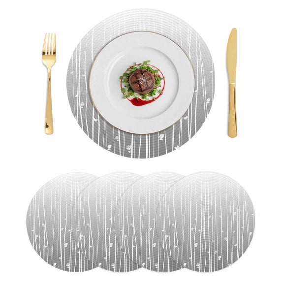 Gray Flower Round 13 Inch Placemats Set of 4, Geometric Stripe Gradient Branch Minimalist HeatResistant Non Slip Place Mats for Dining Table, Wipeable Braided Kitchen Table Mats for Housewarming