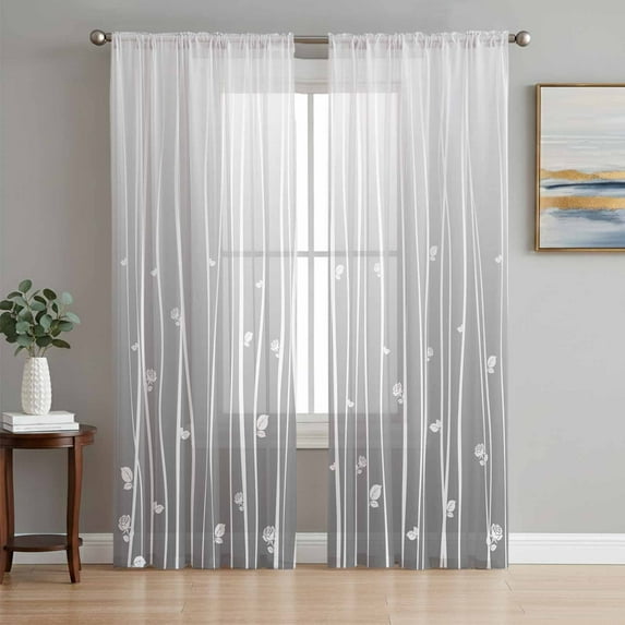 Gray Flower Sheer Curtains 72 Inch Length 2 Panels Set, Geometric Stripe Gradient Branch Minimalist Voile Window Treatment Rod Pocket Curtains Sheers Drapes for Bedroom/Living Room/Kitchen 52"x72"x2