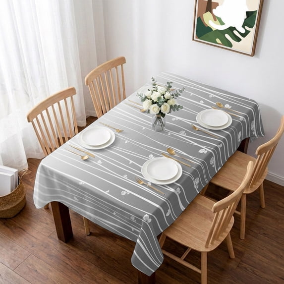 Gray Flower Table Cloth Waterproof Tablecloths, Geometric Stripe Gradient Branch Minimalist Tablecloth Dining Table Cover for Kitchen Party Tabletop Outdoor, Rectangle Tablecloth 60x84 Inch
