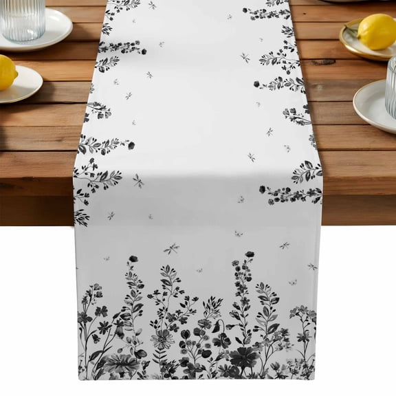 Gray Flower Table Runner, Dragonfly Leaf Bud Ink Style Plant Nature Kitchen Table Runners Dress Scarves for Table Decorations Party/Restaurant/Indoor Outdoor Use, 13x36in