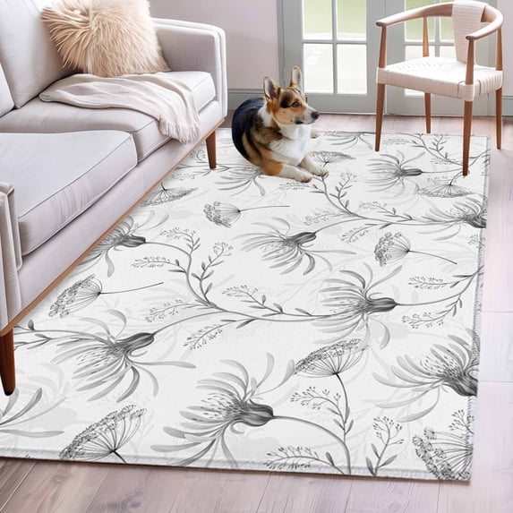 Gray Flowers Area Rug 4x6 FT, Non Slip Kids Room Carpet, Abstract Floral Plants Pastoral Rustic Washable Soft Floor Carpet Non-Shedding Throw Rug for Dorm Kitchen Study Room Home Office Bedside