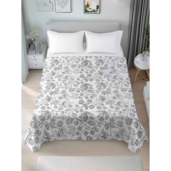 Gray Flowers California King Size Flat Sheet, Wrinkleproof & Fadeproof Cooling Flat Bed Sheet Only, Farmhouse Pastoral Vintage Plants Branches Breathable Soft Bedding Top Sheets 108 x 98 Inches