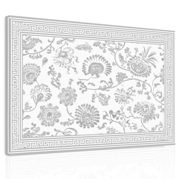 Gray Flowers Canvas Print Wall Art, Floral Geometric Classic Traditional Border Wall Decor Modern Artwork Paintings Pictures for Living Room Framed and Stretched Ready to Hang 24" x 32"
