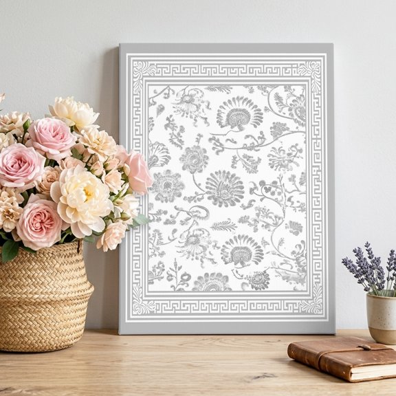 Gray Flowers Canvas Wall Art, Floral Geometric Classic Traditional Border Framed Canvas Wall Decor Picture Print Artwork Decorations for Living Room Office Ready to Hang 28" x 22"