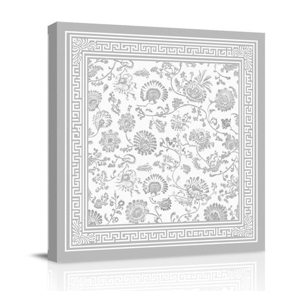 Gray Flowers Canvas Wall Art for Living Room, Floral Geometric Classic Traditional Border Wall Decor Framed Artwork Pictures Ready to Hang for Bedroom Office Home Decor