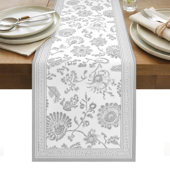 Gray Flowers Cotton Linen Table Runner Floral Geometric Classic Traditional Border Dining Table Runners for Home Decor Party Dining Room Restaurant Kitchen Party 13" x 36"