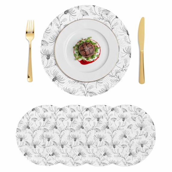 Gray Flowers Round 13 Inch Placemats Set of 4, Abstract Floral Plants Pastoral Rustic HeatResistant Non Slip Place Mats for Dining Table, Wipeable Braided Kitchen Table Mats for Housewarming
