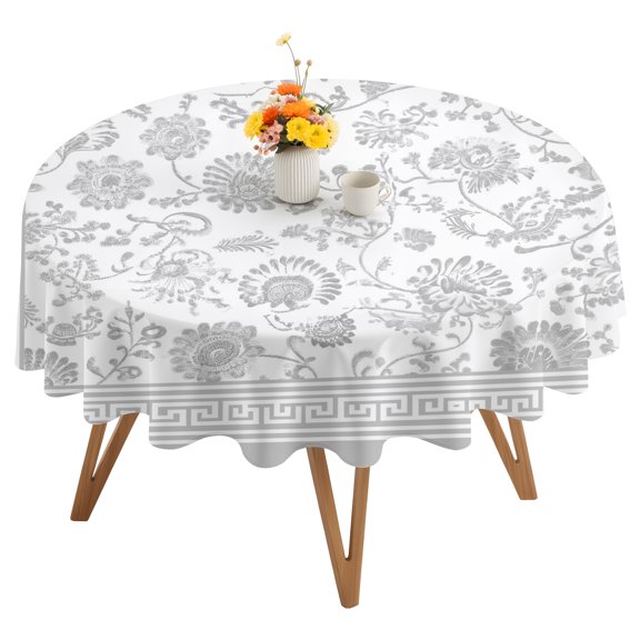 Gray Flowers Round Tablecloth 60 inches Floral Geometric Classic Traditional Border Waterproof Oil-Proof Table Cloth Round Table Cover for Holiday Party Picnic Dinner Decor Indoor and Outdoor Use
