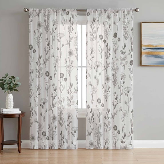 Gray Flowers Sheer Curtains 63 Inch Length 2 Panels Set, Spring Summer Farmhouse Botanical Voile Window Treatment Rod Pocket Curtains Sheers Drapes for Bedroom/Living Room/Kitchen 52x"63"x2