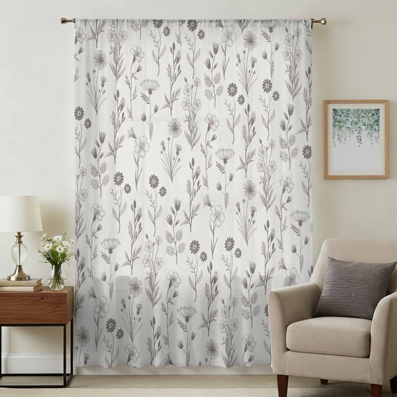 Gray Flowers Sheer Curtains 84 Inches Long, Spring Summer Farmhouse Botanical Light Filering Curtains, Breathable Simi Curtain Privacy Drapes for Living Room Bedroom Lightweight Window Treatment