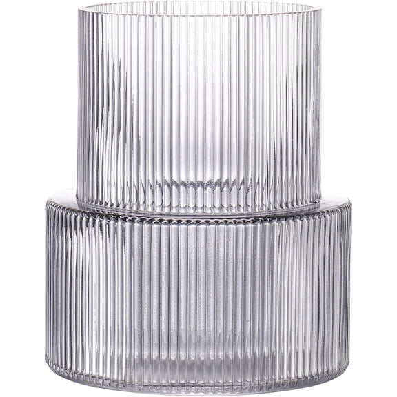 Gray Fluted Ribbed Glass Vase - 7.5 Inch Tall Vase for Fresh Flowers, Centerpiece Decor for Wedding, Living Room, Dining Table, Office