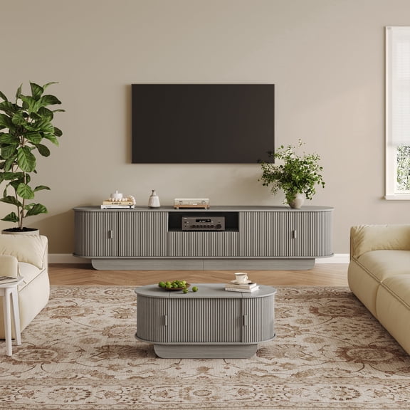 Gray Fluted TV Stand and Lift Top Coffee Table 2-Piece Set for Living Room