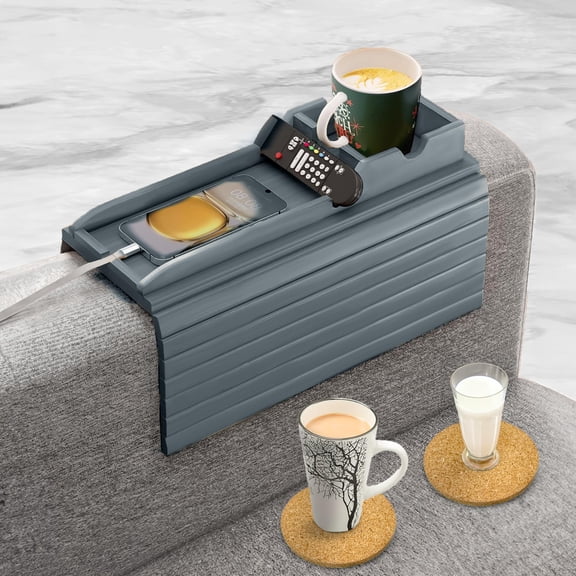 Gray Foldable Anti-slip Sofa Armrest Tray Table for Drinks, Snacks, TV Remotes and Cellphones