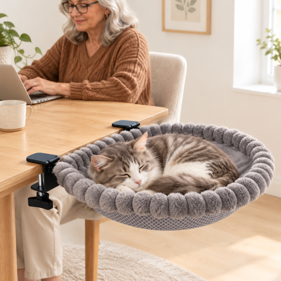 Gray Foldable Cat Desk Perch, 18.5 ×14.8 × 5 inch, Double Clamp Mount for Desk Surfaces