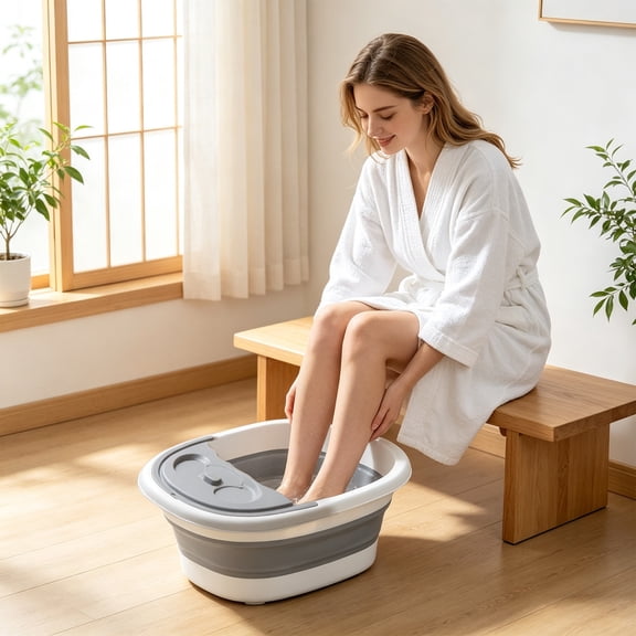 Gray Foldable Foot Bath Bucket with Lid & Handle, Portable Foot Spa Massager Basin with Acupuncture Points, 15.5x13x7 in, 4 Gallon