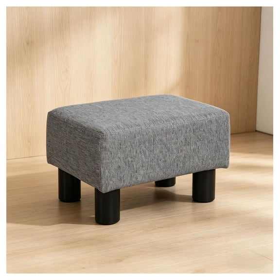 Gray Foot Stool - Linen Fabric Ottoman Cube - 15.75" x 11.75" - Living Room Footrest, Seat, Small Coffee Table