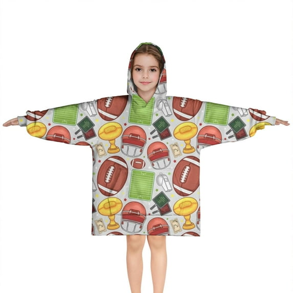 Gray Football Elements Pattern Blanket Hoodies for Kids 6-13YR Oversize Wearable Blanket Hoodies for Boys Girls Teens