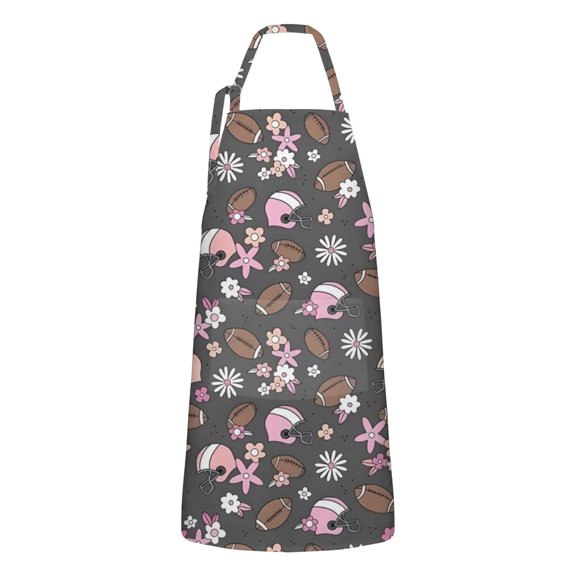Gray Football and Flowers Pattern Apron-Garden Aprons for Women with Pockets-Cotton Linen Waterproof Kitchen Cooking Gardening Aprons Adjustable for Kitchen,Cooking,BBQ and Salon 33x27 Inch