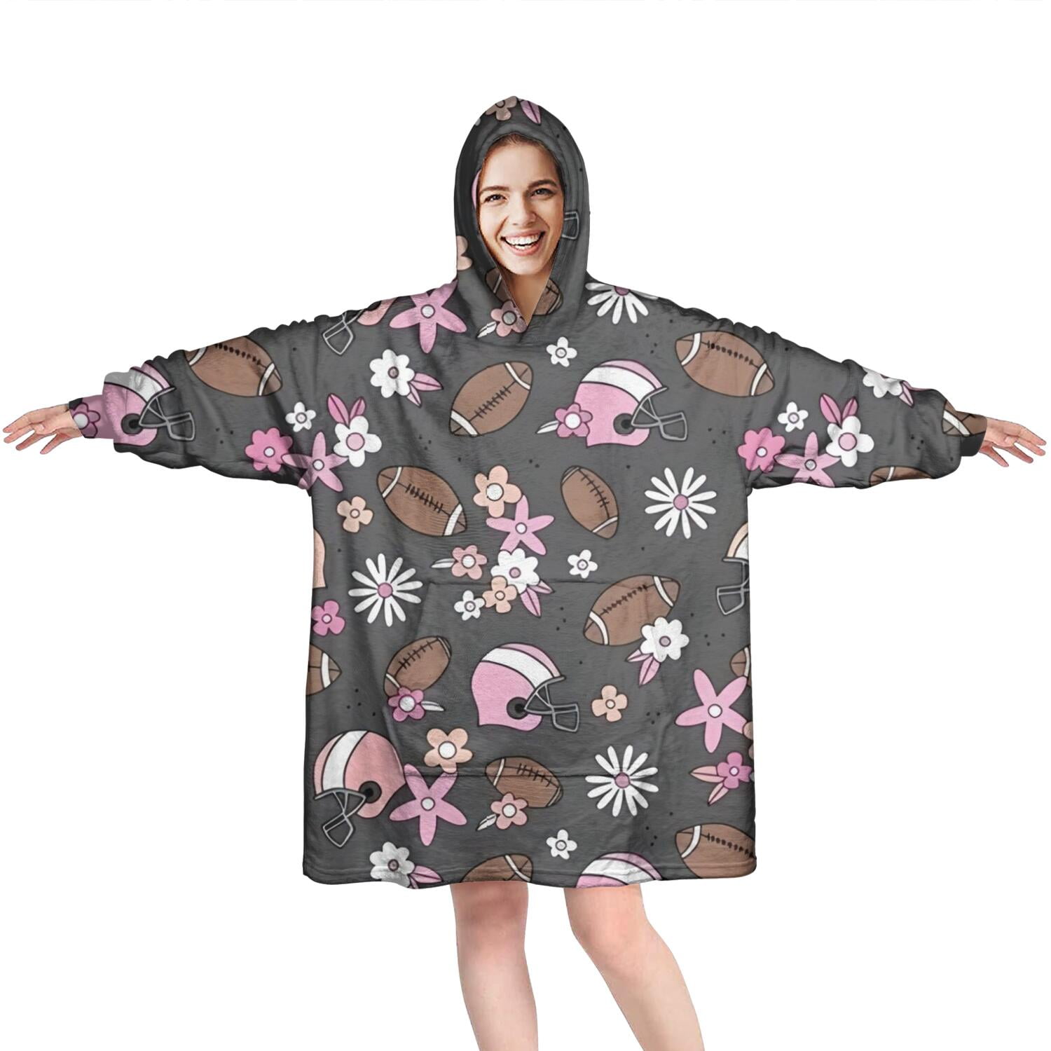 Gray Football and Flowers Pattern Wearable Oversized Blanket,Wearable Blanket Hoodie for Adults,Cozy Hooded Blankets with Super Pockets,Super Warm Fuzzy Pullover for Women & Men