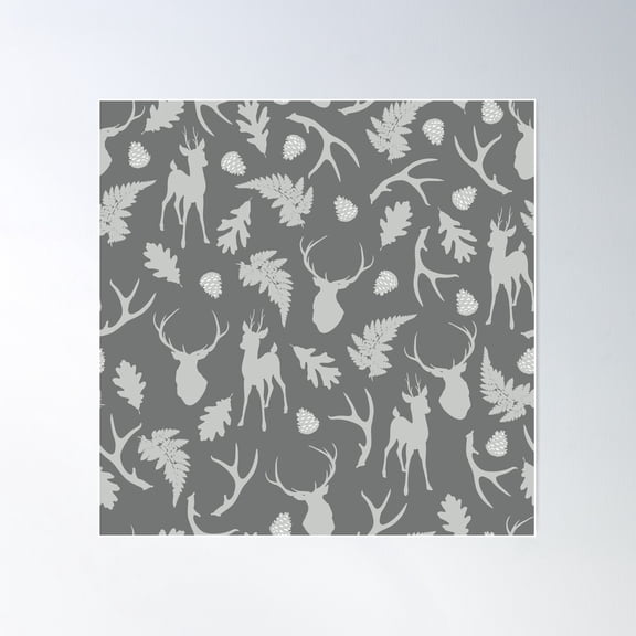Gray Forest Design With Deer And Woodland Elements Poster Wall Art, Modern Wall Decor For Living Room Bedroom, 16X16 UNFRAMED