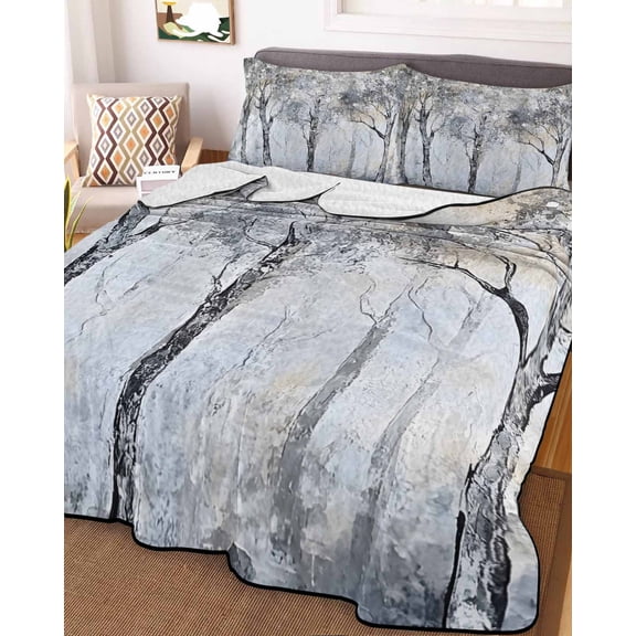 Gray Forest Full Size Down Alternative Comforter, Lightweight Comforter Quilt Bedding Set with Pillow Shams Vintage Watercolor Trees Branch All Seasons Bed Comforter Duvet Insert 78"x90"