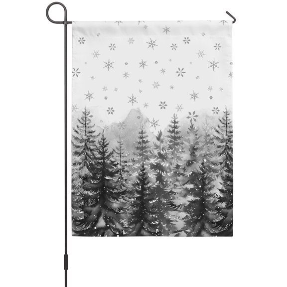 Gray Forest Garden Flag 12 x 18 Inches, Pine Tree Forest Gray Snowflake Winter Fog Country Weather Proof Outdoor Patio Flags Double Sided Small Garden Decoration for Yard Outside Home