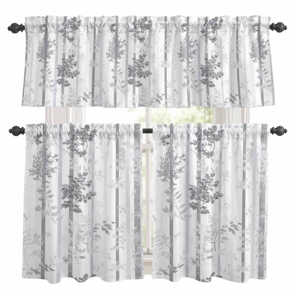 Gray Forest Kitchen Curtains Valances and Tiers Set of 3 Watercolor Vintage Branches Leaf Botanical Country Tier Curtains and Valance with Rod Pocket for Small Windows, 27.5"x36"